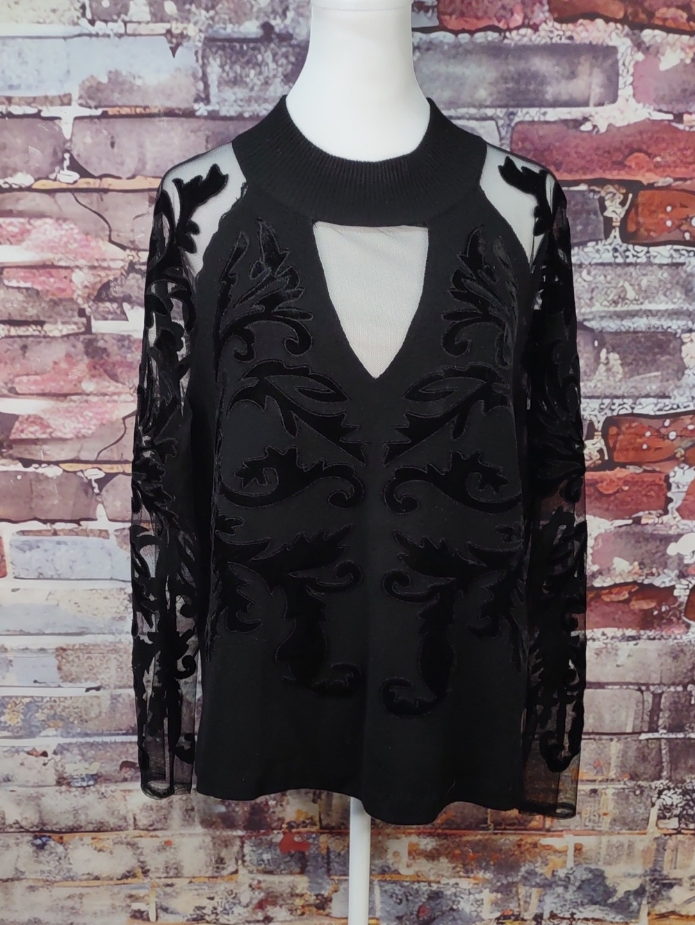 INC International Concepts Sweater w/Velvet Appliqué/Lace Long Sleeves